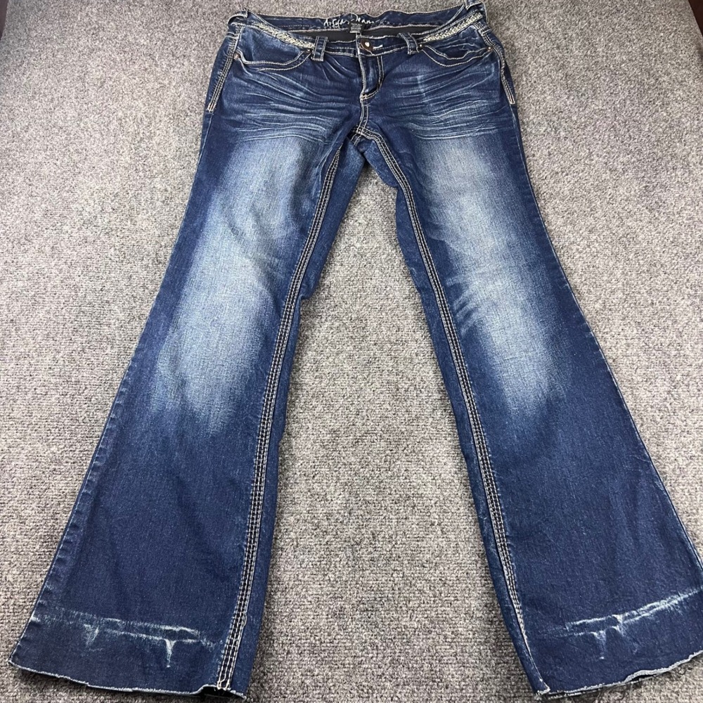 Ariya Jeans Womens 7/8 Dark Wash Flare Leg Embroidered Low Rise Denim Blue
